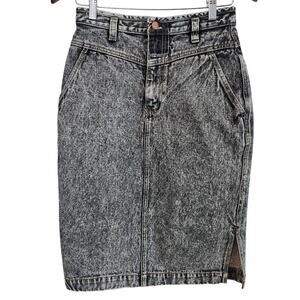 Vintage 80s Denim Skirt Women Size Medium Black Acid Wash Pencil Glam Rock Retro